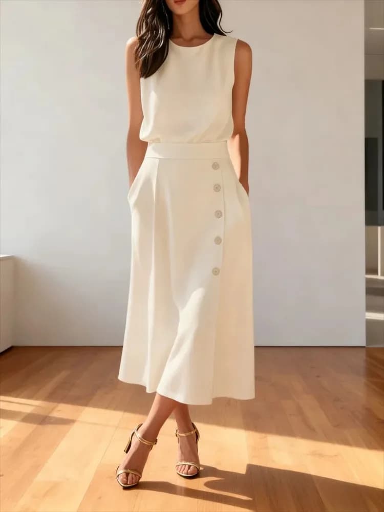2026 Women White High Waist Sleeveless Midi Dress Side Button Pocket Elegant Office Casual Holiday Dresses Women's Dresses