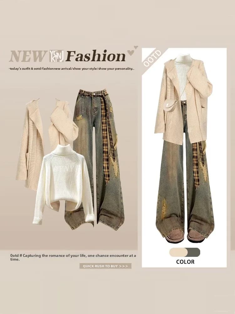 American Casual High Collar Knitted Cardigan Jeans Hole Winter Lazy Style Three Piece Set Women Long Sleeve Loose Fit Fashion