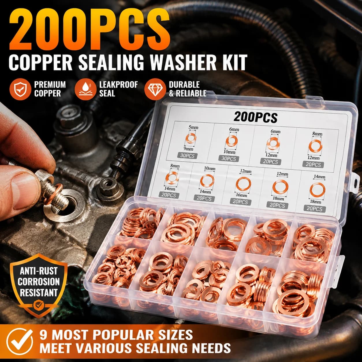 200PCS Boxed Copper Sealing Washers Flat Ring Gasket O Ring Kit M5 M6 M8 M10 M12 M14 Oil Seal Set Assortment