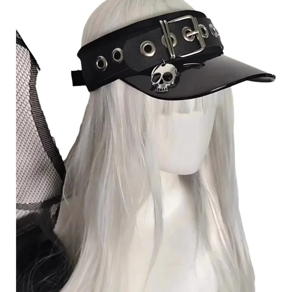 Skull baseball cap 2000s punk subculture low-profile no-top sun hat with unique leather buckle and jelly-like brim open-top hat.