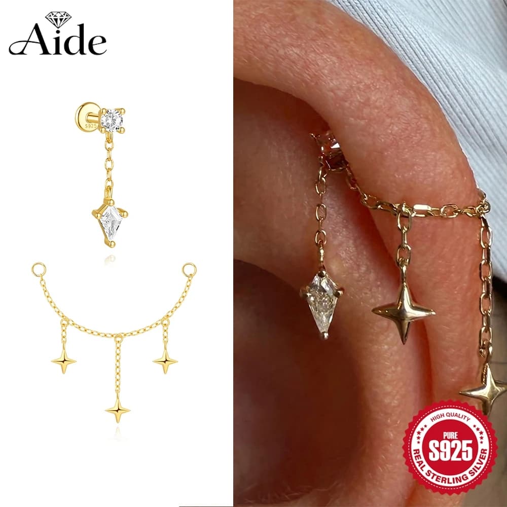 AIDE 925 Sterling Silver Kite Stone Zircon Flat Head Internal Thread Piercing For Women Star Chain Tassel Accessories Jewelry