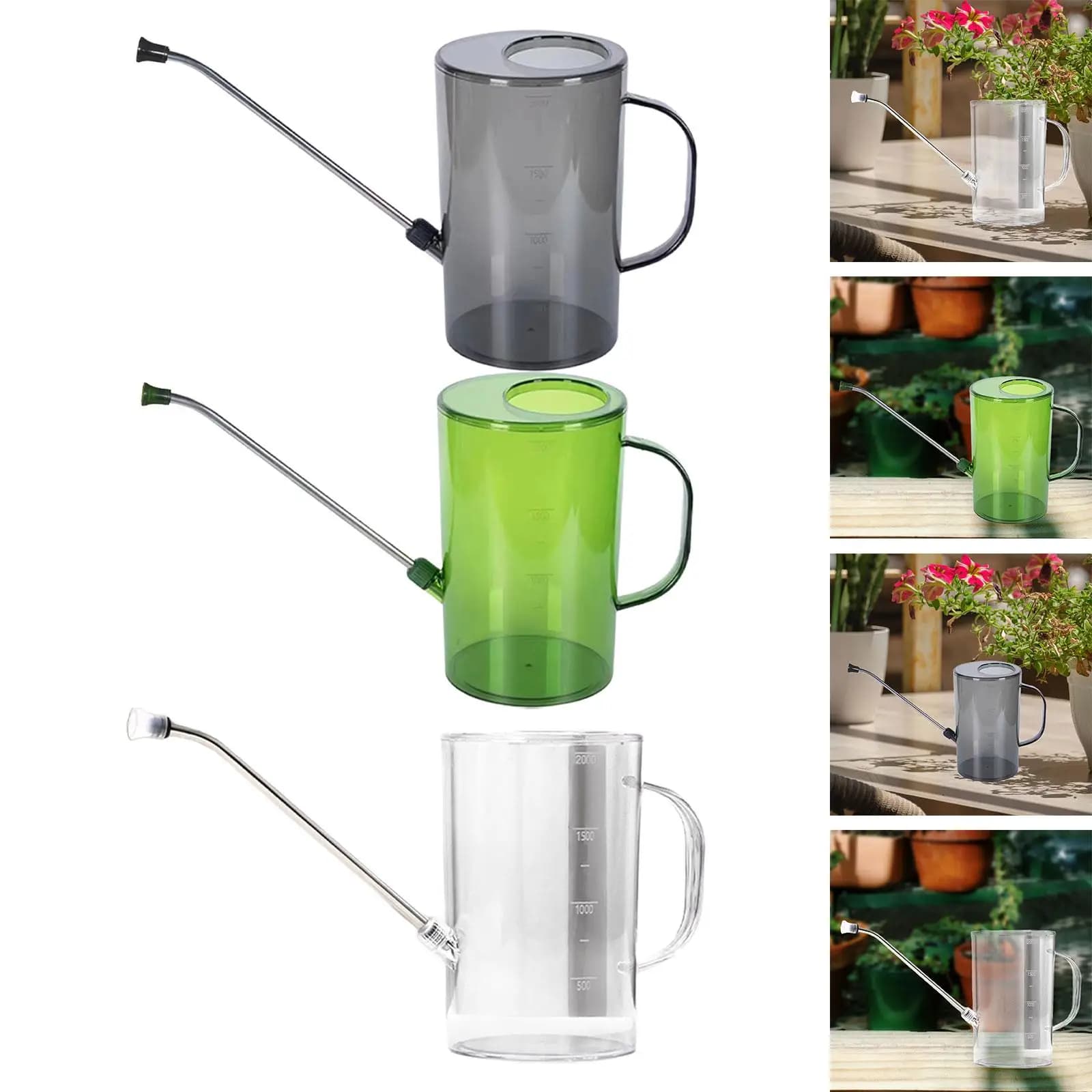 Annaffiatoio da 2 litri a bocca lunga da giardino, vaso per irrigazione trasparente con scala per piante domestiche, strumenti da giardinaggio per interni