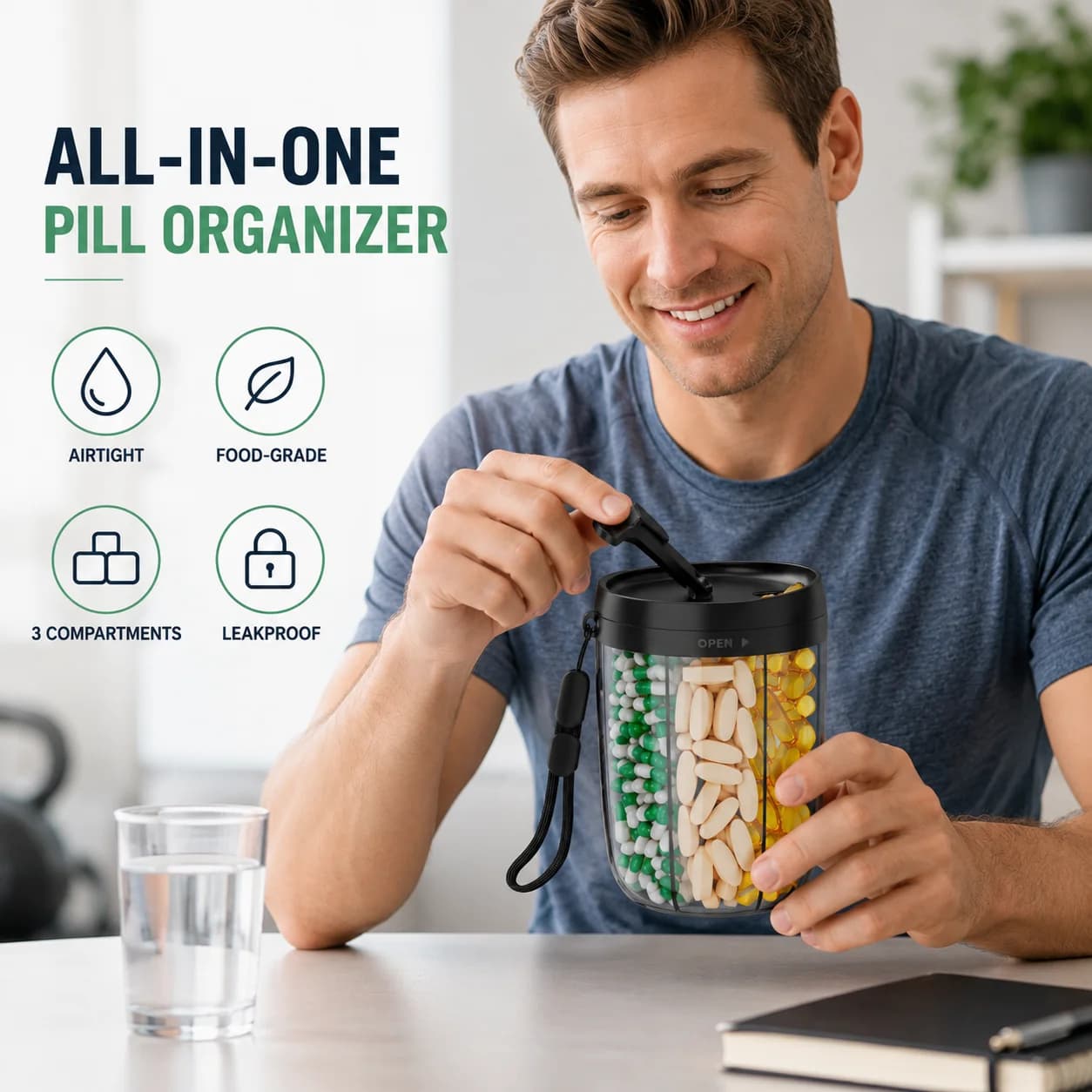 Large 6-Compartment Vitamin Supplement Organizer Cup Medicine Bottle Holder Seguro for 6 Different Vitamins Or Tablets Box