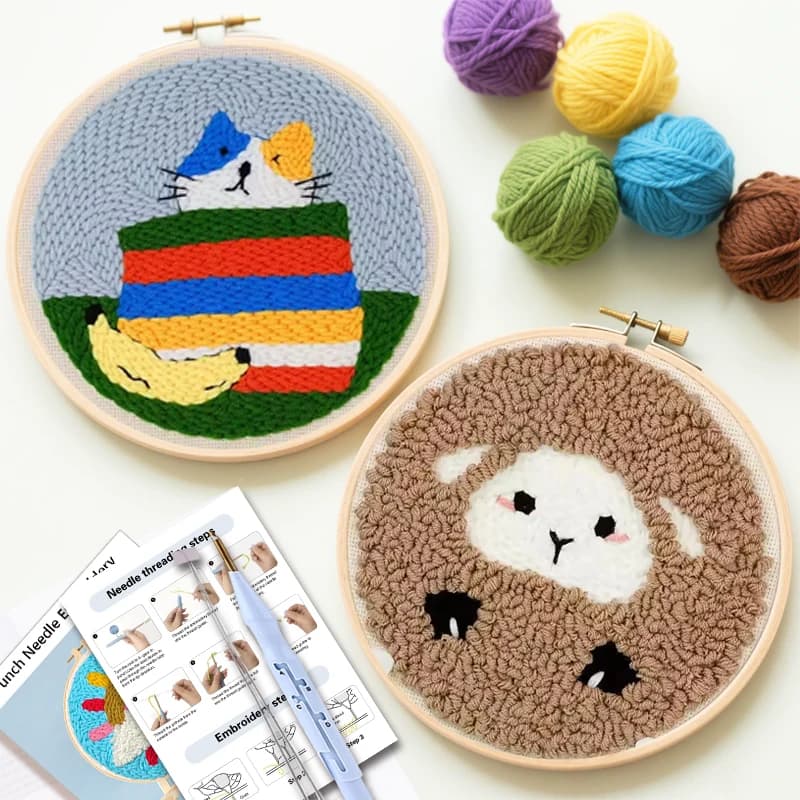 DIY Punch Needle Kits for Beginners Cute Animal with Hoop Embroidery Punch Needle Tool for Art Crafts Handmade Cross stitch kits