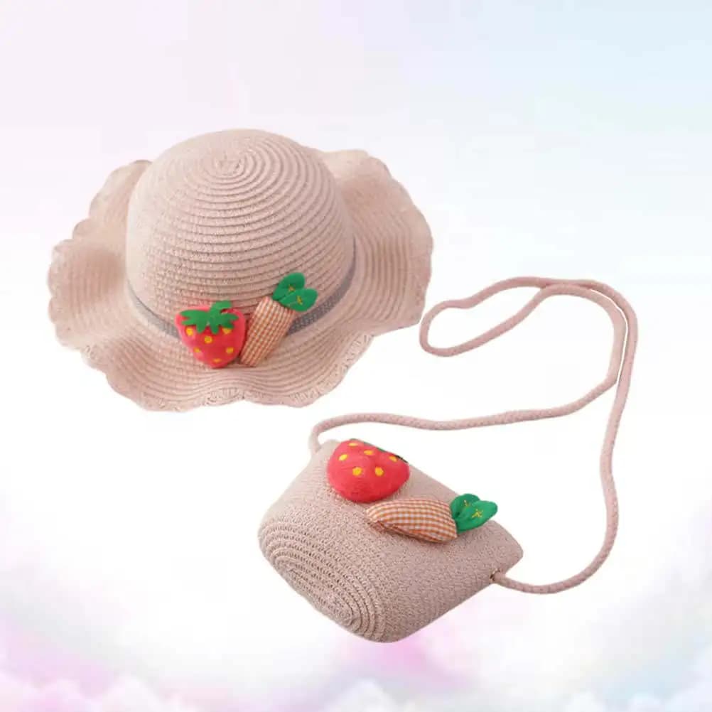 1Set Kids Straw Sun Protection Hat Pink 54Cm Wide Brim Outdoor Beach Cap Crossbody Bag Summer Cosplay Princess Role Play