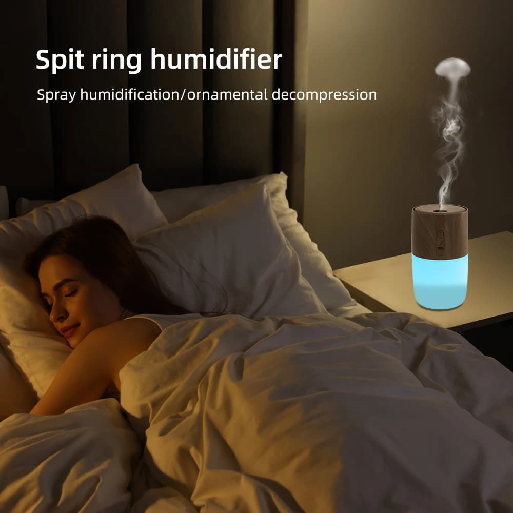 Diffusore ad ultrasuoni con venature del legno da 300 ml con LED a 7 colori, umidificatore e purificatore d'aria, include 2 oli essenziali, per casa e auto