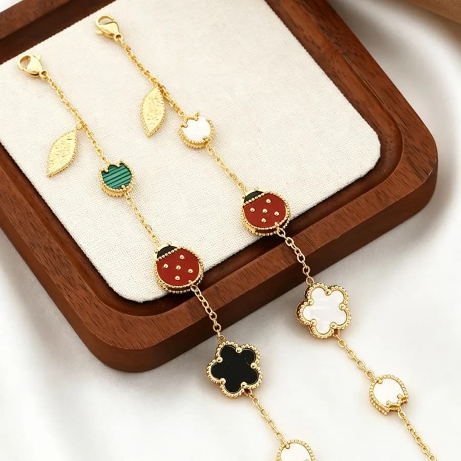 Cute Ladybug & Flower Charm Stainless Steel Bracelet White Acrylic & Red Enamel Sweet Y2K Jewelry For Women Daily & Party Wear