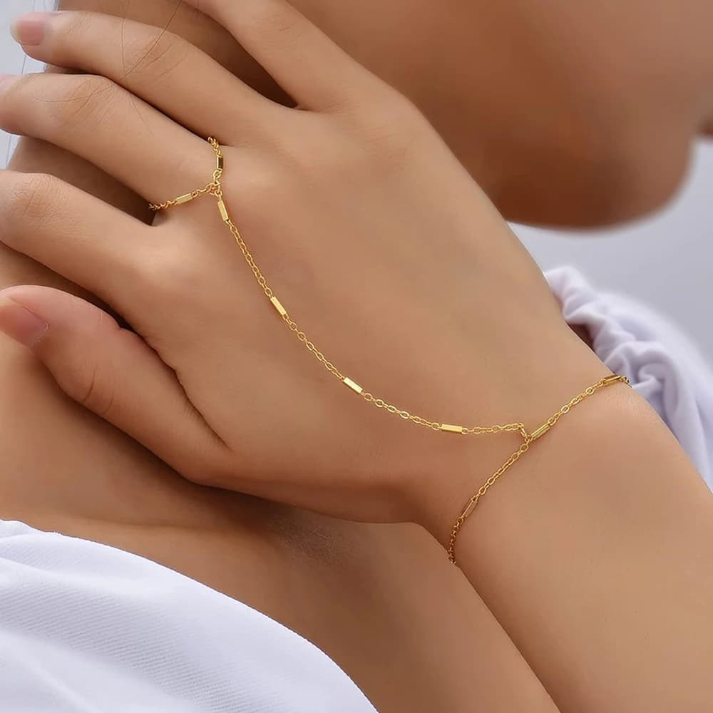 Braccialetti con catena a mano con nappa in acciaio inossidabile placcato oro 14 carati Braccialetti con dita Bracciale con anello da dito semplice Gioielli estivi