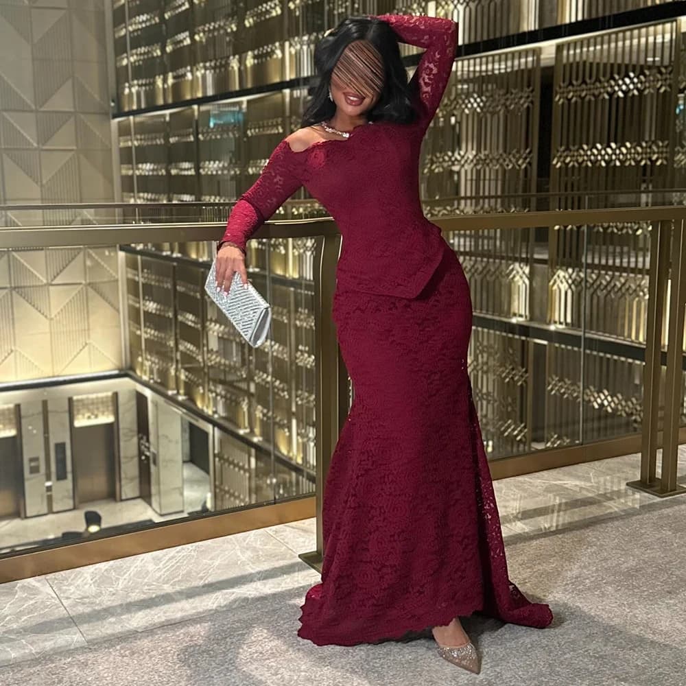 Customized Boat Neck Burgundy Jersey Evening Dress Lace Full Sleeves Sweep Train Party Dress Mermaid Full Sleeves Party Dress