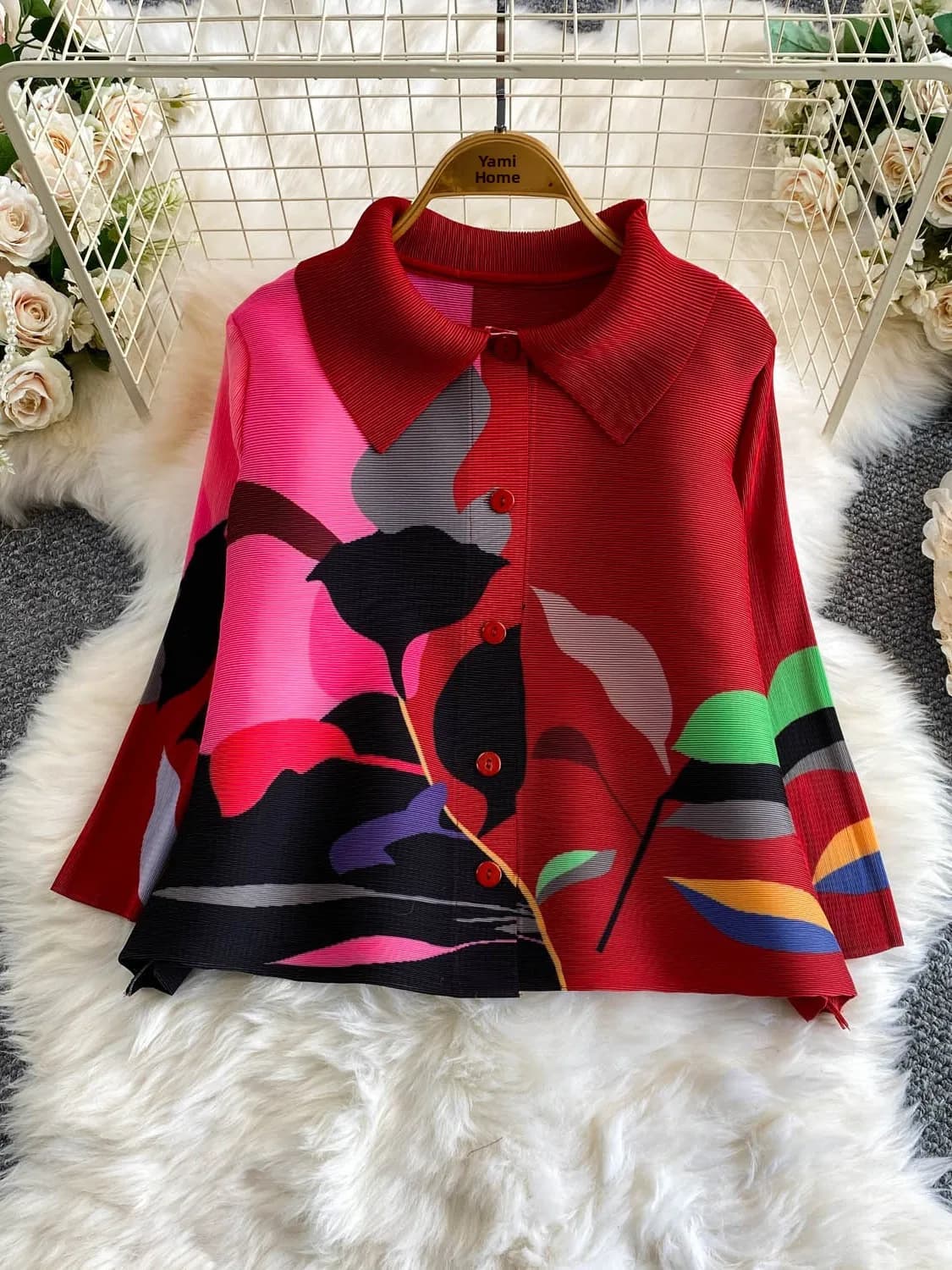 Elegant Floral Print Stand Collar Jacket Women's High Elasticity Pleated Top Fashionable Anti-Aging Commute Style Long Sleeve