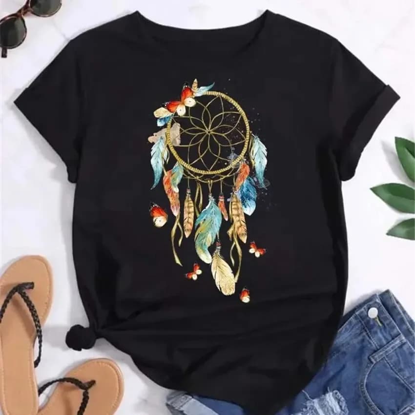 Casual tshirt Women Summer Short Sleeve Dreamcatcher Feather Fashion Print Lady T-shirts Top Shirt Ladies Womens Graphic Tee Top