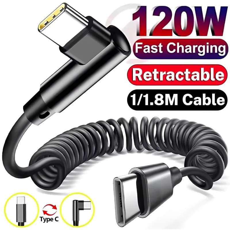 120W USB C To Type C Fast Charging Cables Retractable Dual Type C Cable Car Spring Data Cable Wire for iPhone 17 Samsung Xiaomi
