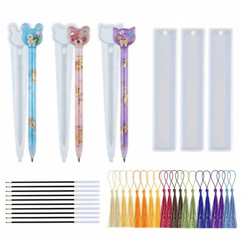 Set di 3 stampi in silicone per penne + 3 set di stampi in silicone per segnalibri + 20 decorazioni con nappe + 10 set di ricariche per penne nere, per colata in resina epossidica