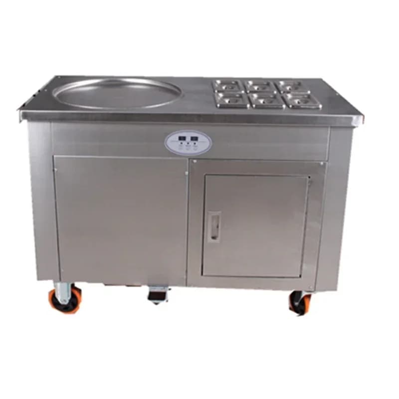 Fried ice cream machine with single round plate and 6 refrigeration tanks, on special offer, for fried ice cream in rolls, Thailand, South Africa.
