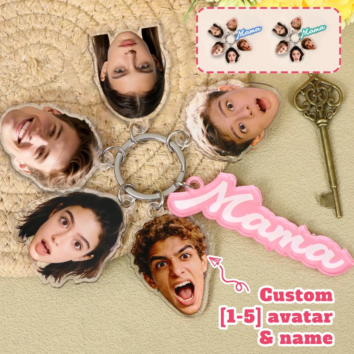 Portachiavi Personalizzato con Foto del Viso, Stile Cartone Animato Divertente per Borse, Zaini e Chiavi dell'Auto