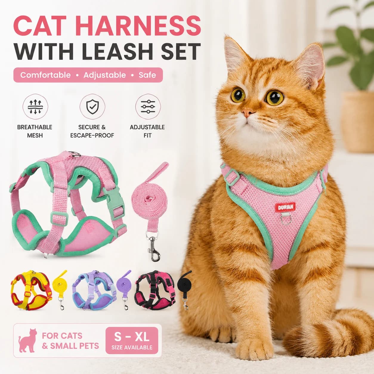 Lightweight Cat Harness and Leash Set, Soft Breathable Escape Proof Vest for Kittens & Adult Cats, Adjustable Safe Walking
