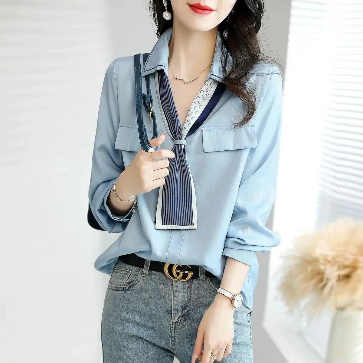 2025 Nuova Primavera Estate Con Scollo A V Chiffon Office Lady Camicetta Camicia Femminile Arco Magliette E Camicette Manica Lunga Casual Coreano OL Camicette Allentate Donne