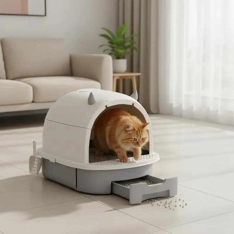 Lettiera per gatti con coperchio, toilette per gatti con paletta, cassetto per la lettiera, pedale d'ingresso per gatti fino a 5 kg, 40,5x52x39 cm, Grigio