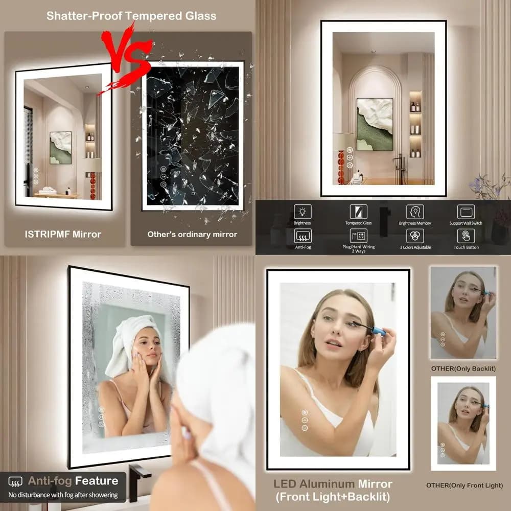 Specchio da Bagno LED 20x28 Pollici con Retroilluminazione Nera, Antiappannamento, Dimmerabile, Funzione Memoria e Vetro Infrangibile