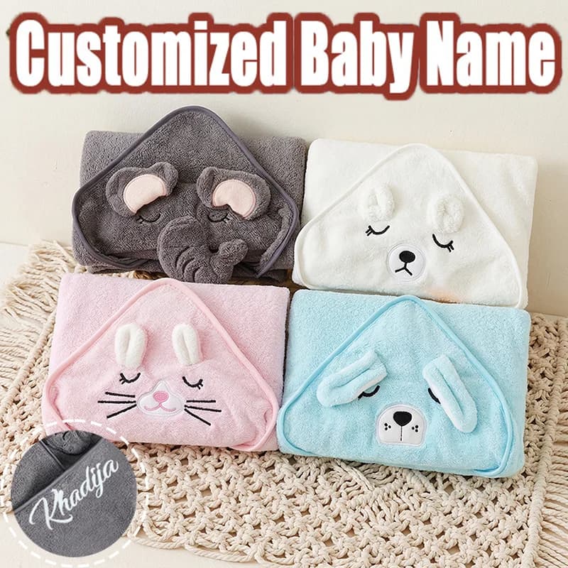 Personalized Baby Bath Towel with Name and Animal Cartoon, Soft and Absorbent with Hood - Baby Shower Gift