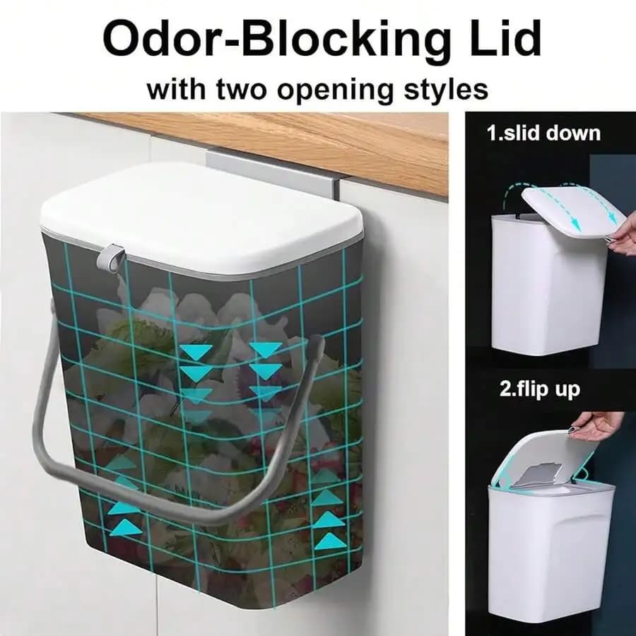 Odor Blocking Lid Trash Can With Two Opening Styles, Hanging Kitchen Compost Bin, 9L White Plastic