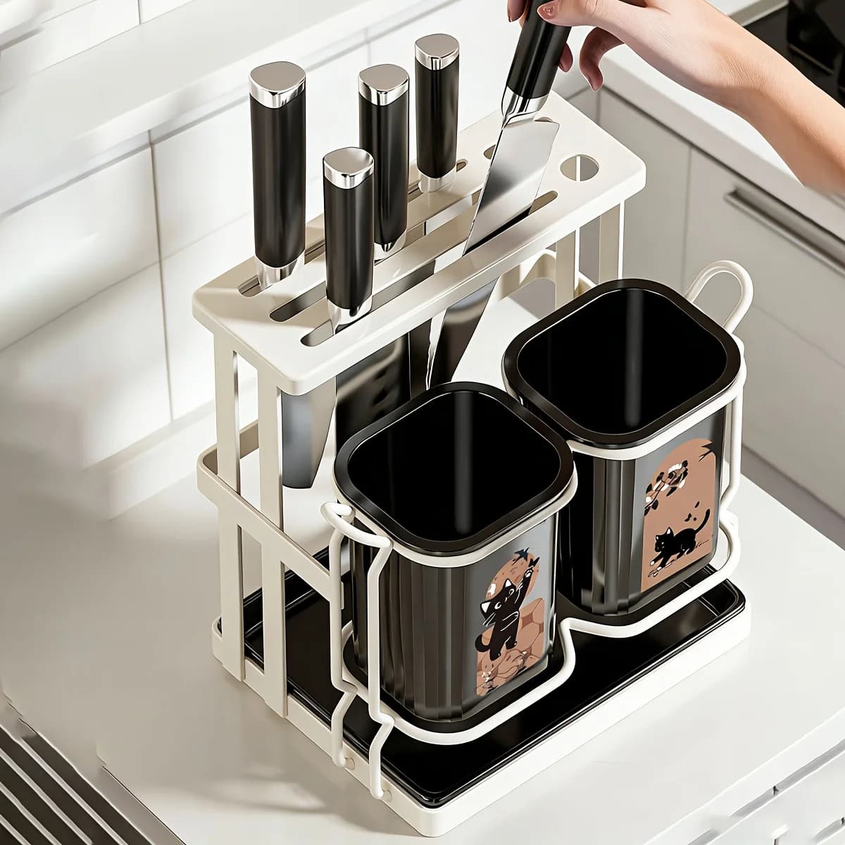 Detachable Kitchen Utensil Stand with Cat Pattern, Sturdy Carbon Steel, Stores Knives, Spoons and Chopsticks