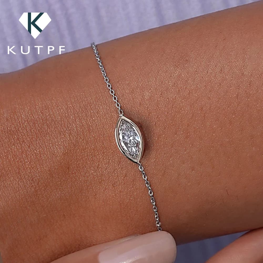Bracciale Solitario con Moissanite Taglio Marquise da 1/2 carato, Montatura a Castone, in Argento 925 Placcato Oro 18k, Catena da Polso da Donna, Gioielleria Fine