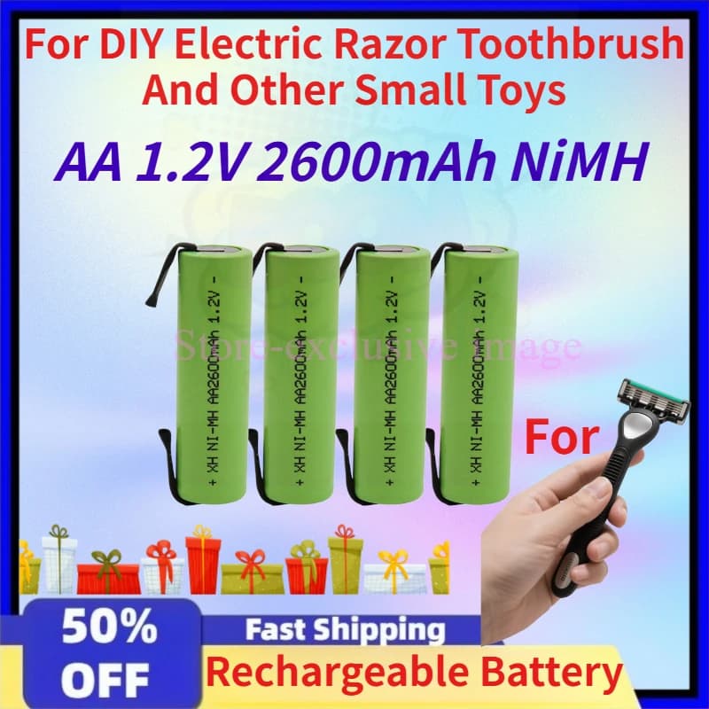 New Rechargeable Lithium Ion Battery NiMH AA 1.2 V 2600 mAh with welding pin for DIY electric razors, toothbrushes and other small toys