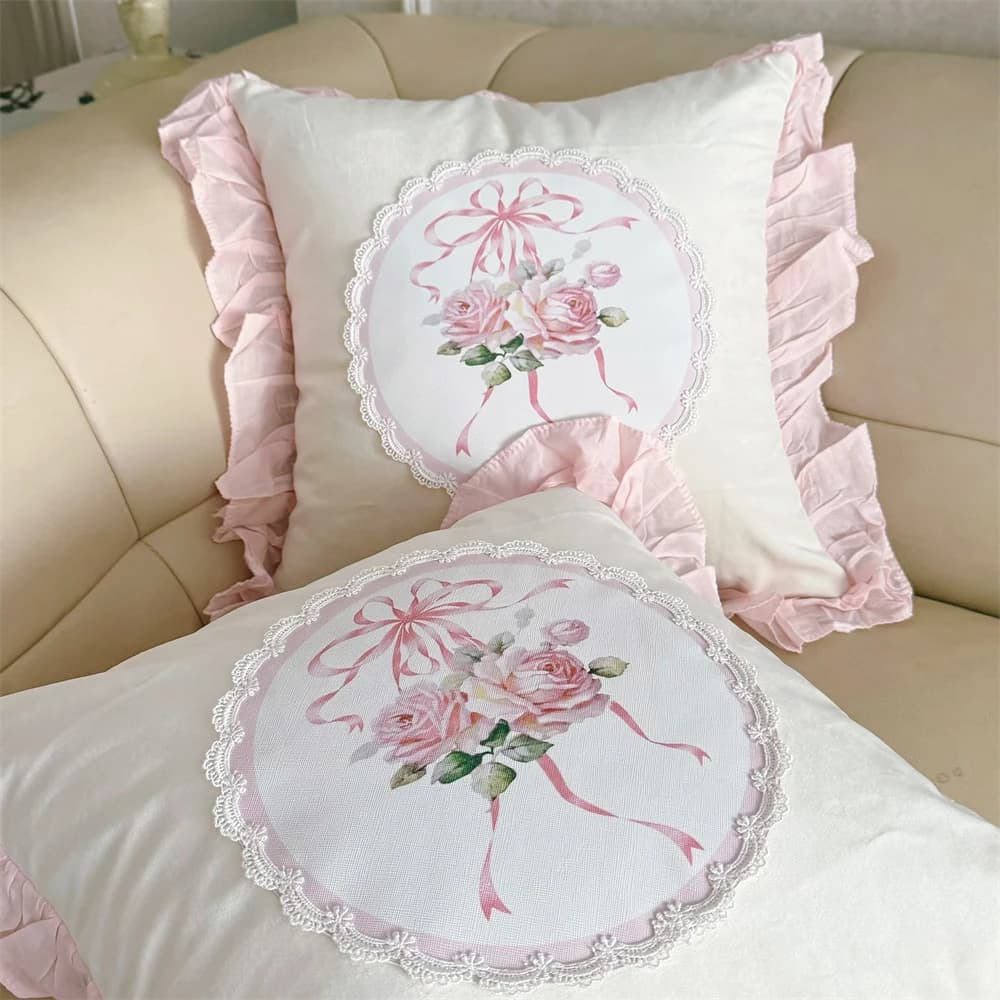 Federa per la casa francese Ricamo tridimensionale Cuscino romantico con rosa Cuscino per pisolino Cuscino per la vita del divano in famiglia