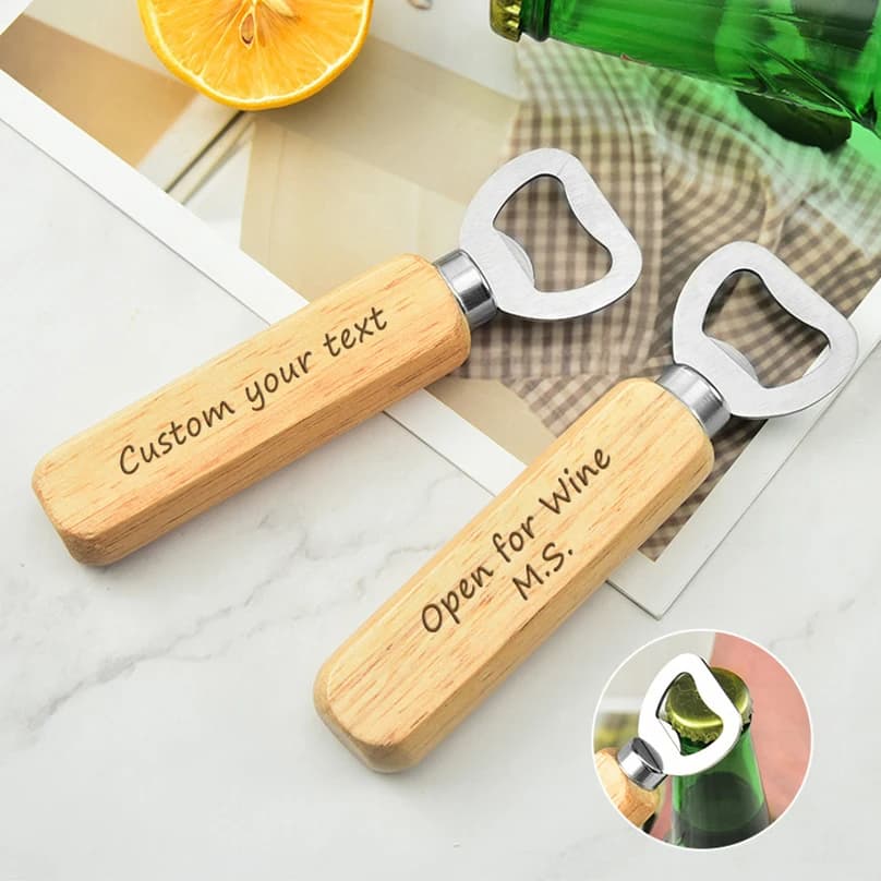 Apribottiglie per birra personalizzato Testo personalizzato Manico in legno Apribottiglie per birra Cucina Regalo per feste Incisione laser Apribottiglie per birra