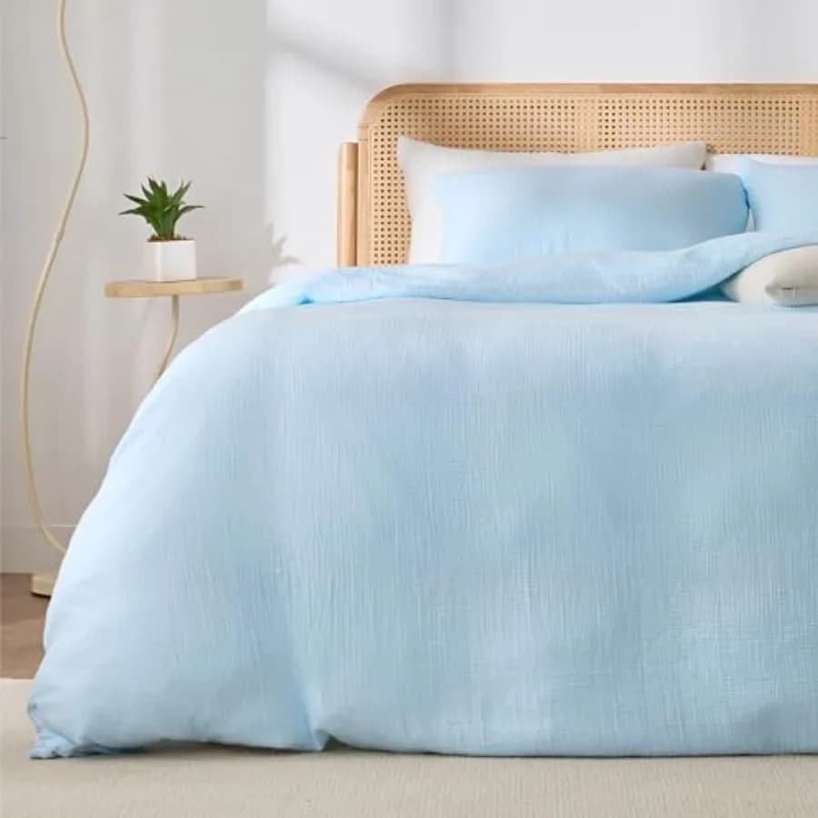Copripiumino Blu in Cotone 100% Lavato a Sabbia, Set Copripiumino Morbido 3 Pezzi con Chiusura a Cerniera e Bottoni agli Angoli Blu 90 x 90