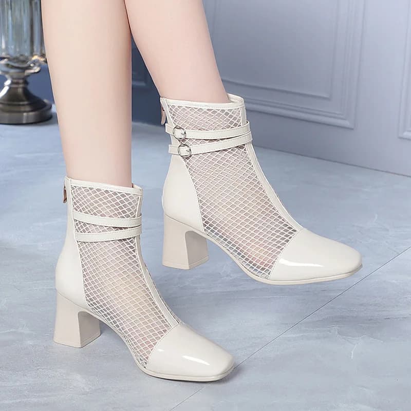 Stivaletti Eleganti in Pelle e Rete da Donna con Plateau 6cm, Scarpe Estive 2026 con Tacco Medio a Blocco, Stivaletti Corti alla Caviglia per Ufficio e Moda