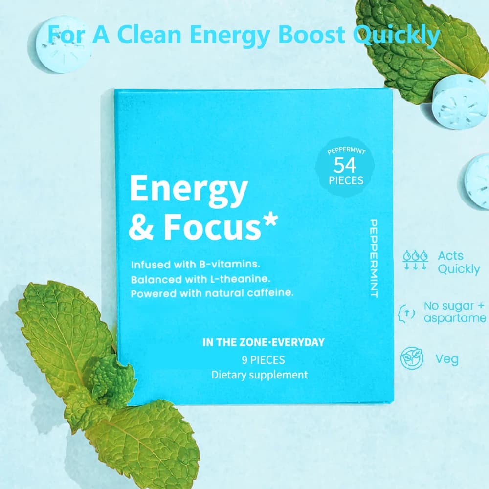 Energy & Focus Mints - Natural Caffeine Peppermint Food, vitamins B, L-Theanine - Brain supplement for exercises, studies, concentrations