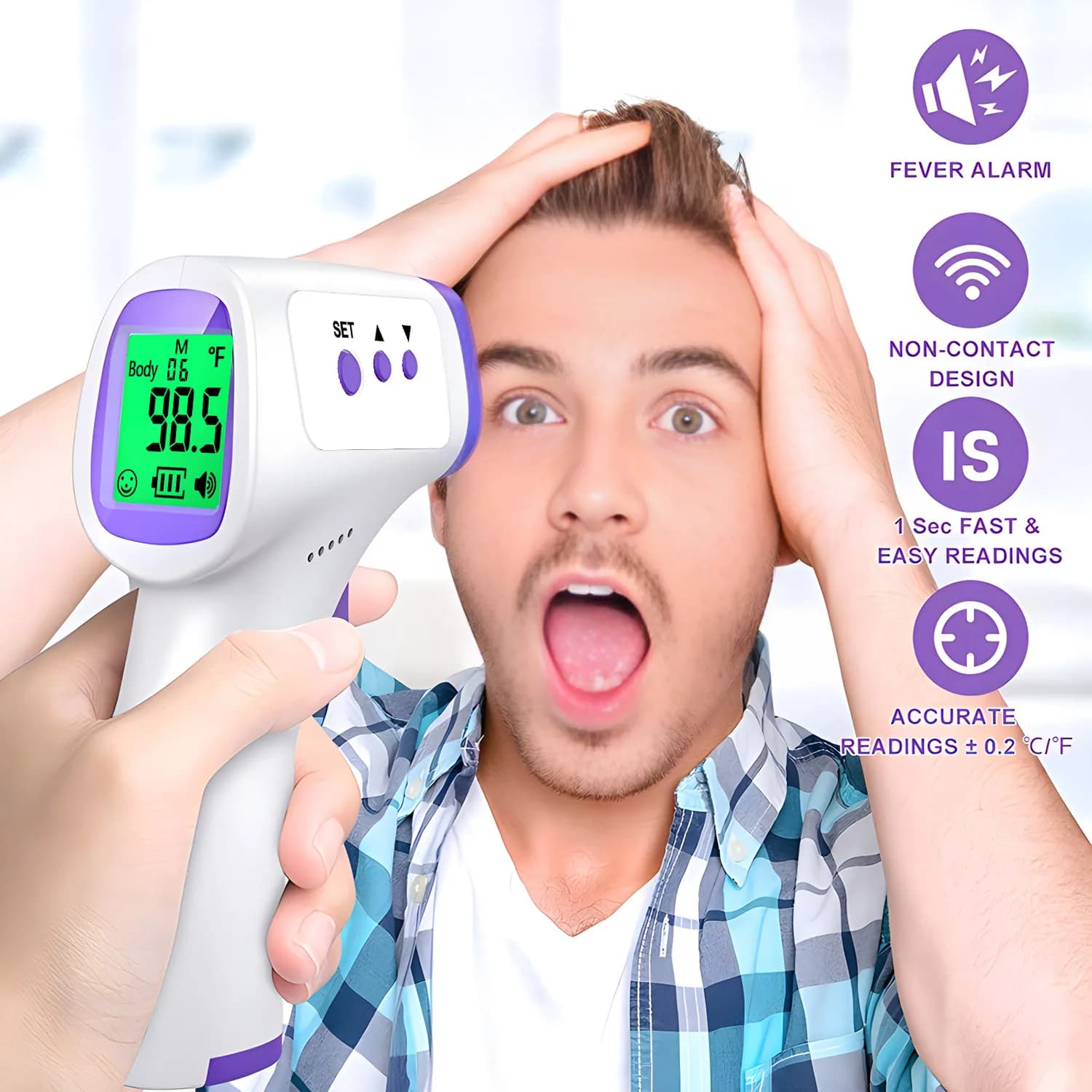 The contactless front thermometer or SpO2 monitoring oximeter for portable medical equipment on the fingertips