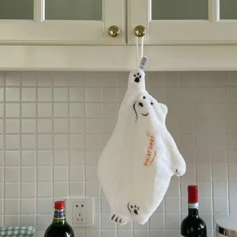 Towel for hands shaped as a polar bear, super absorbent, to hang in the kitchen, with coral design, often, in the form of animated cardboard