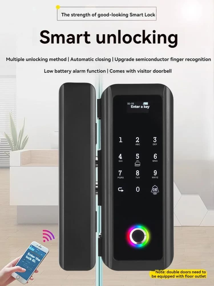 Serratura intelligente per porta in vetro Serratura per porta scorrevole in vetro senza telaio Intelligente senza serratura per schermo Impronta digitale automatica e Tuya Wifi