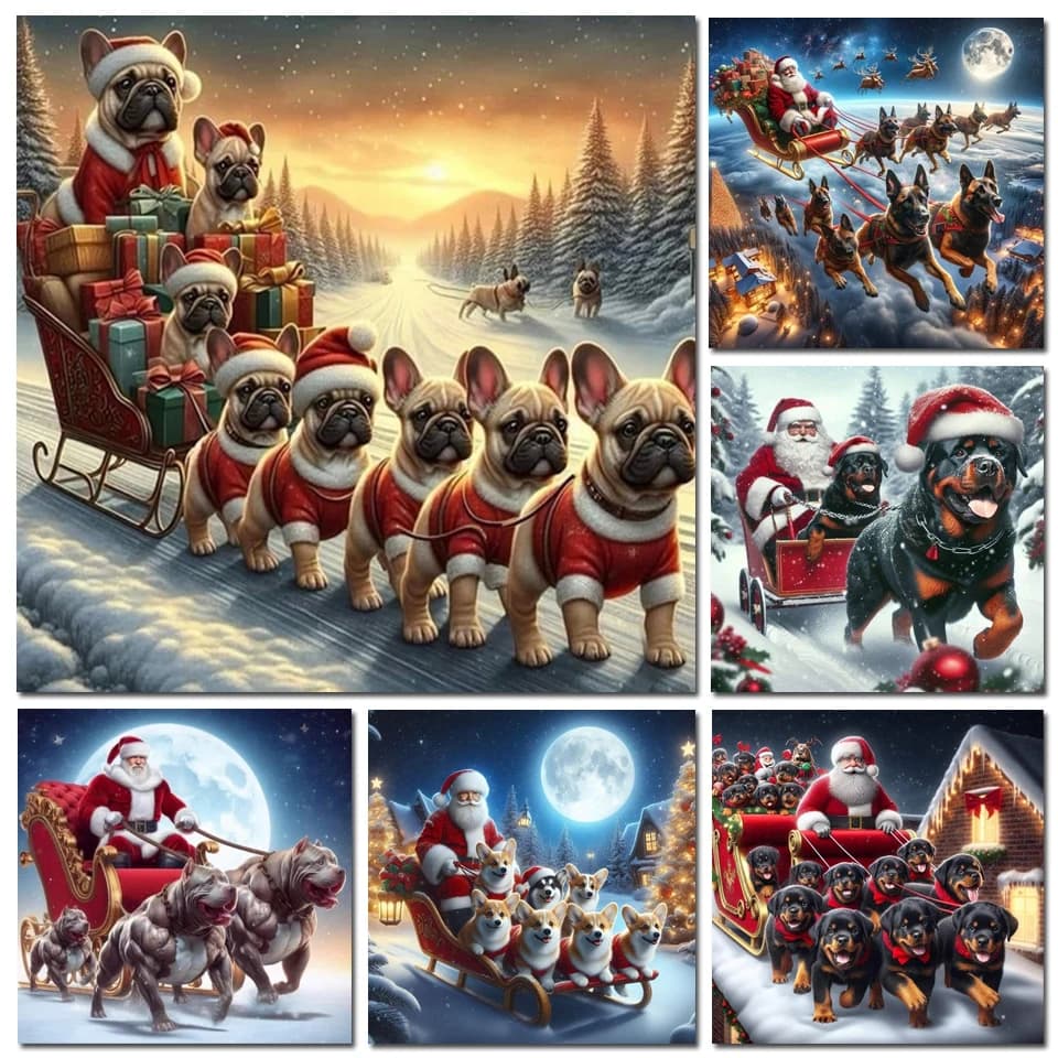 New Diamond Art Painting Cross Stitch Kit dog sledding Santa Claus Moon 5D DIY Full Diamond Mosaic Embroidery Christmas Gif
