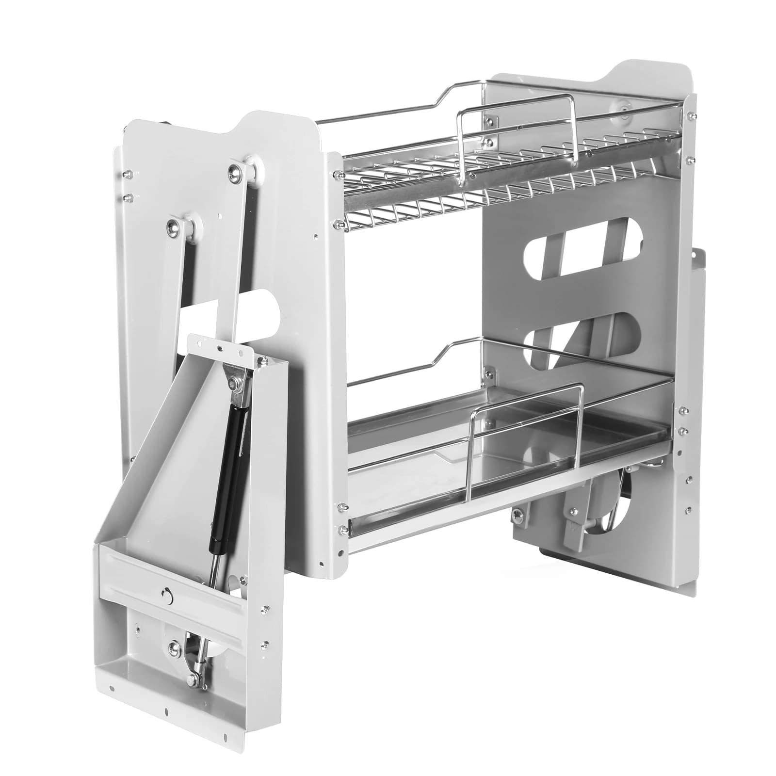 Cestello Estraibile per Armadio da Cucina in Acciaio Inox 304 a 2 Livelli con Sollevamento Idraulico Ammortizzato per Piatti, Ciotole, Accessori