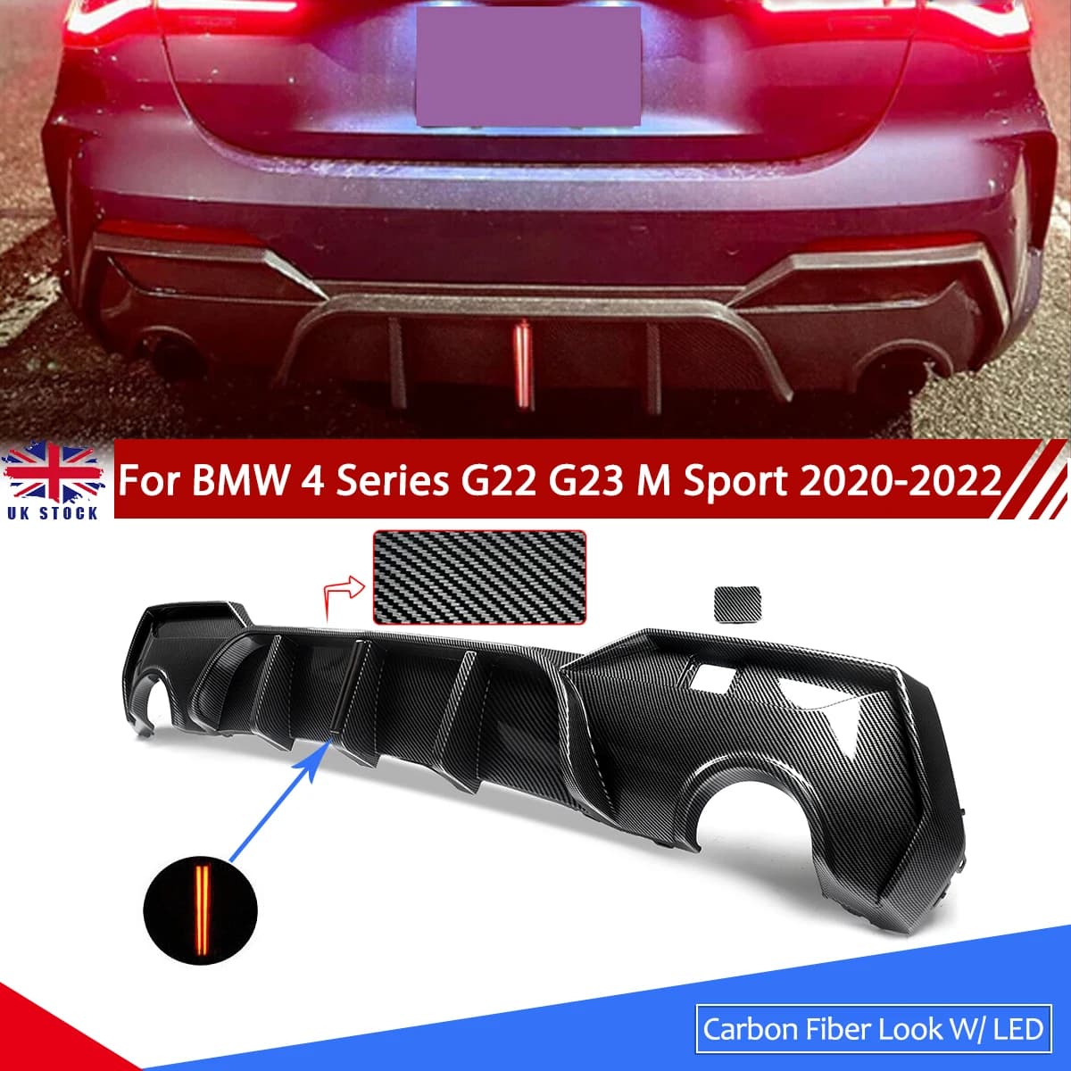 Diffusore posteriore per BMW G22 G23 420i 430i 440i M Sport con LED 2020 2021 2022 2023 effetto carbonio per paraurti posteriore