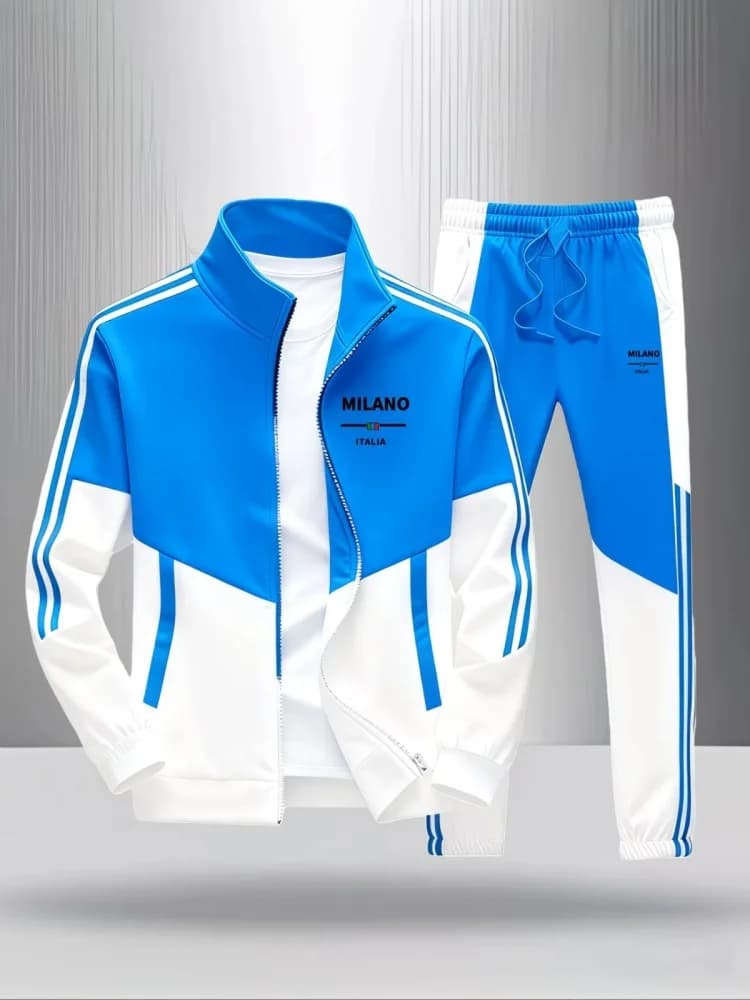 Men 2 Piece Tracksuit Fashion Milano Italia Print Stand Collar Full Zip Jacket Drawstring Jogger Suits Athletic Casual Outfit