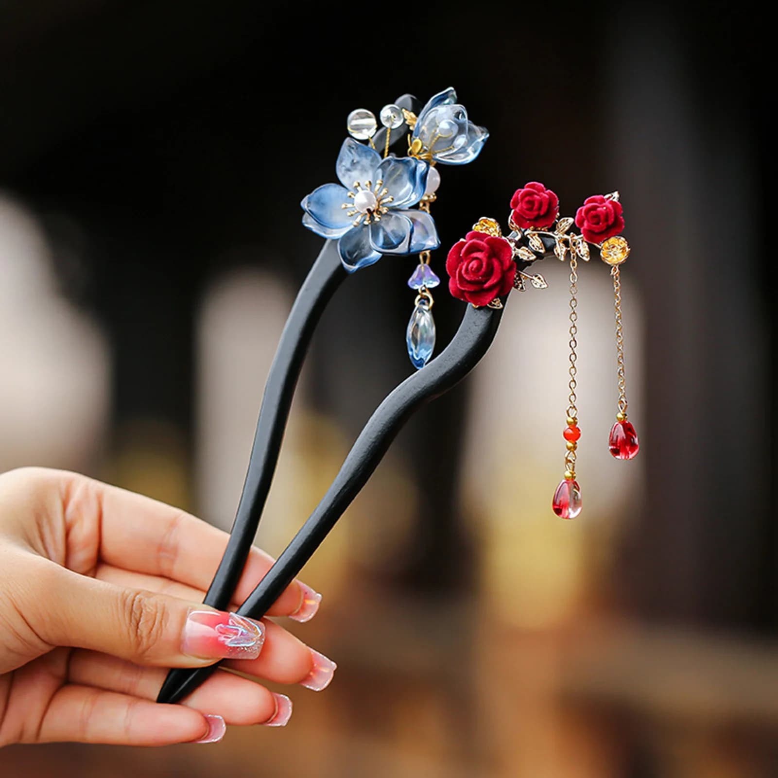 Chinese style hair clip with floral tassels, vintage wooden fork with floral pearls, elegant and refined girl hair accessory
