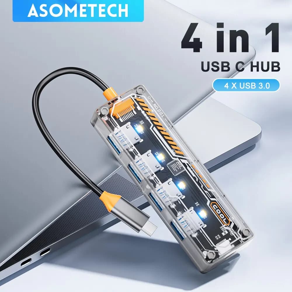 ASOMETECH type C HUB 4 in 1 from USB C to USB 3.0 Adapter Splitter for Docking Station Punk Transparent for Laptop MacBook iPhone Samsung