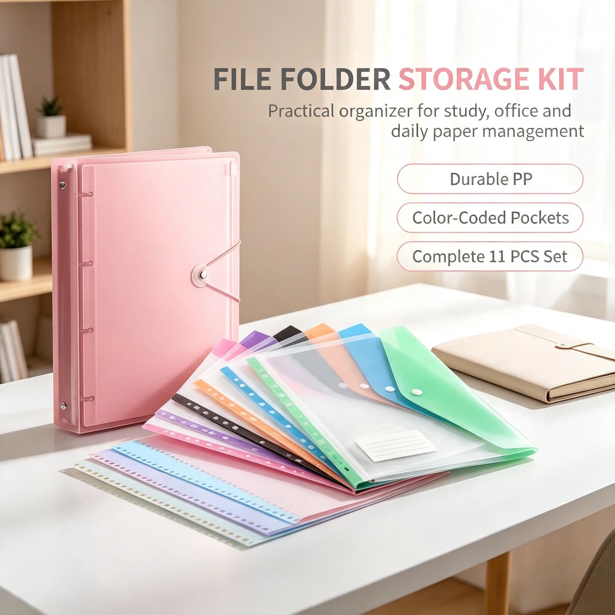 11Pcs A4 Loose Leaf Folder Set, Expandable Document Pockets & Dividers, Portable File Organizer for School Office Travel