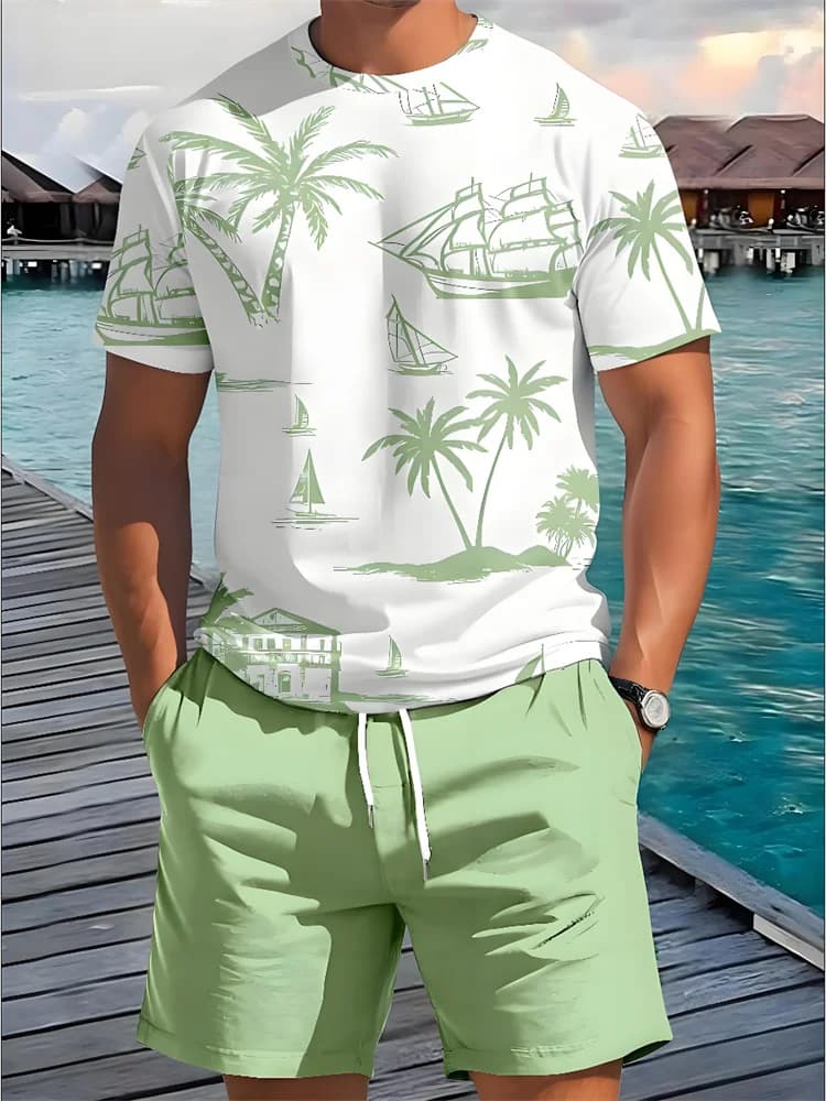 Men's Summer Set 2 Pieces with 3D Hawaiian Print, Court Sleeve T-shirt and Casual Shorts for Open Sport and Beach