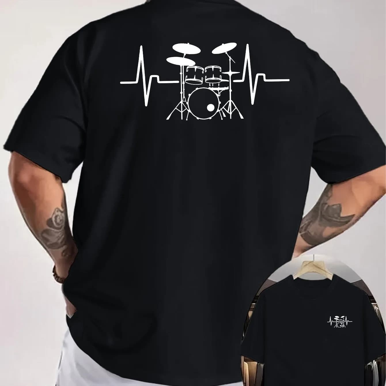 Drummer Heartbeat Graphic Cotton T-Shirt Men Graphic Tee Music Enthusiast Print