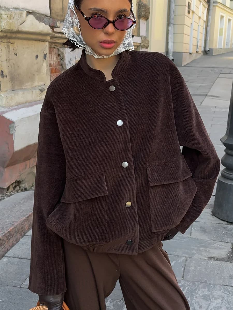 Bornladies Women's New Autumn 2025 Brown Corduroy Jacket Stand Collar Trendy Loose Fit Single - Breasted Long Sleeve Fashion