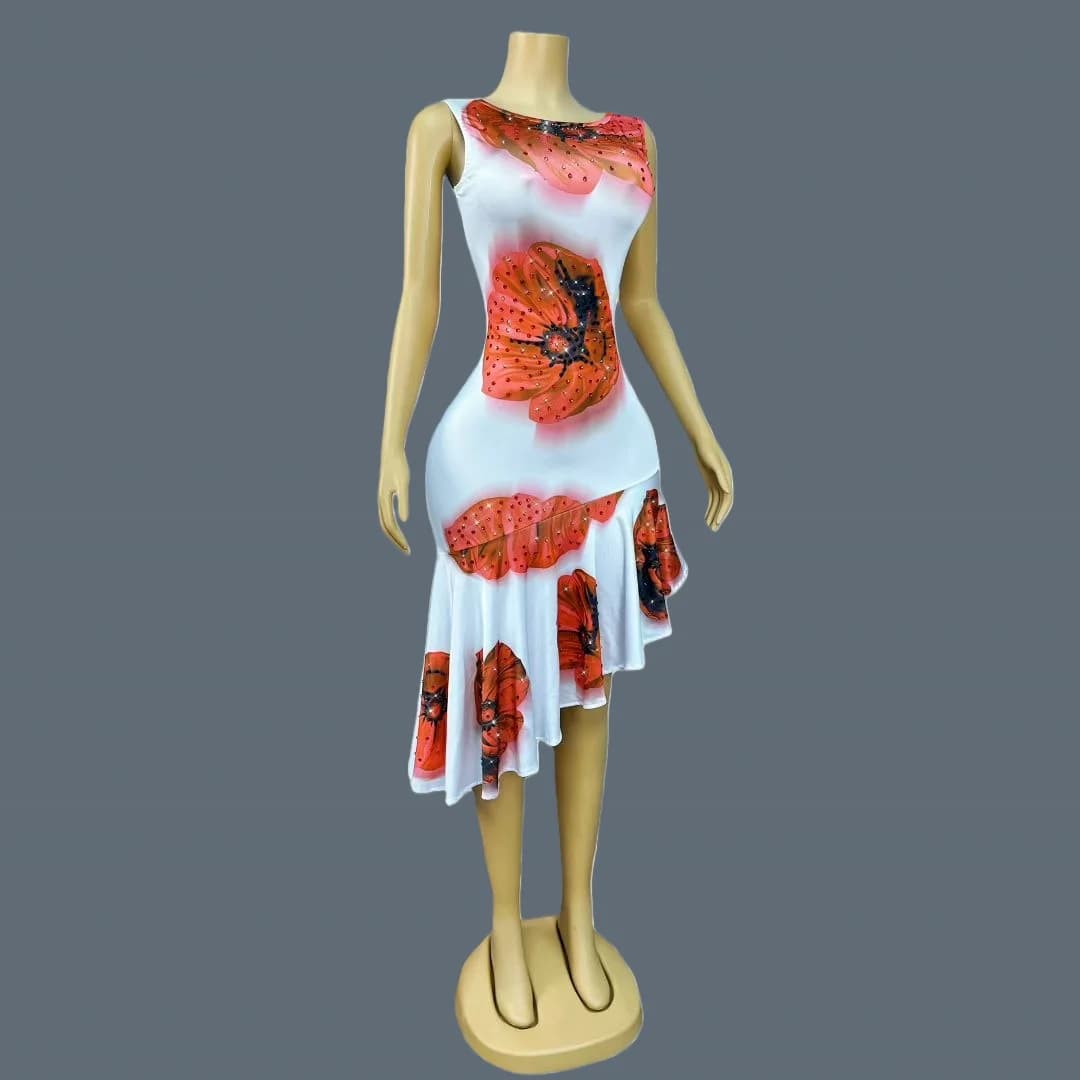 Abito elegante da donna con volant Abito con stampa di fiori rossi grandi Fasciatura con strass Abiti asimmetrici di notte Abito da festa Huakai