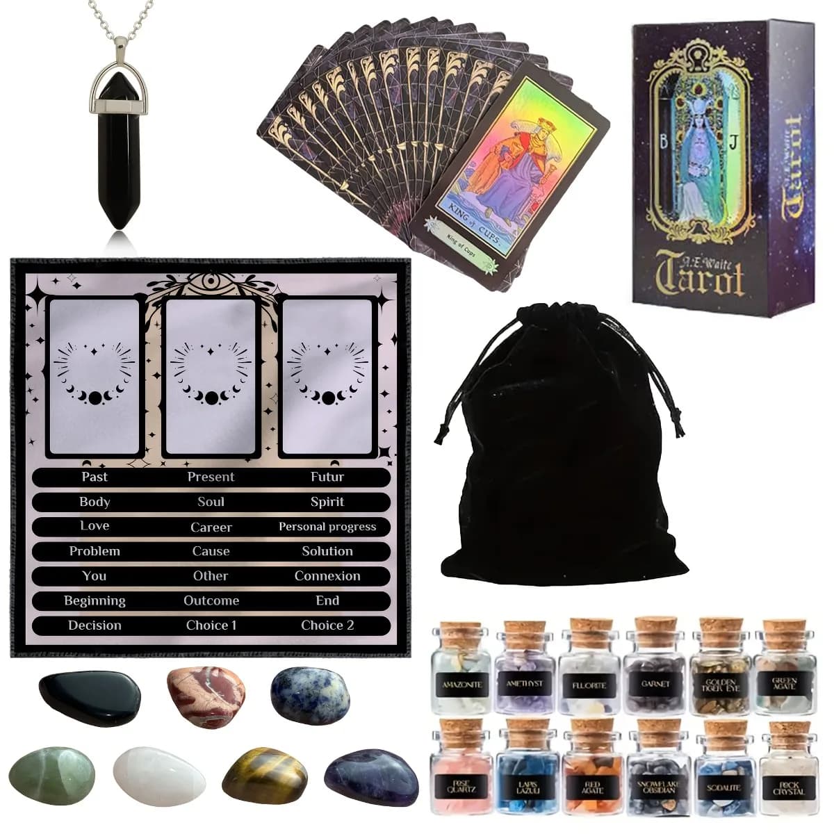 Tovaglia per tarocchi Set 78 carte dei tarocchi Vasi di cristallo Pietre dei chakra Tovaglia per tarocchi Borsa per riporre accessori con ciondolo per divinazione