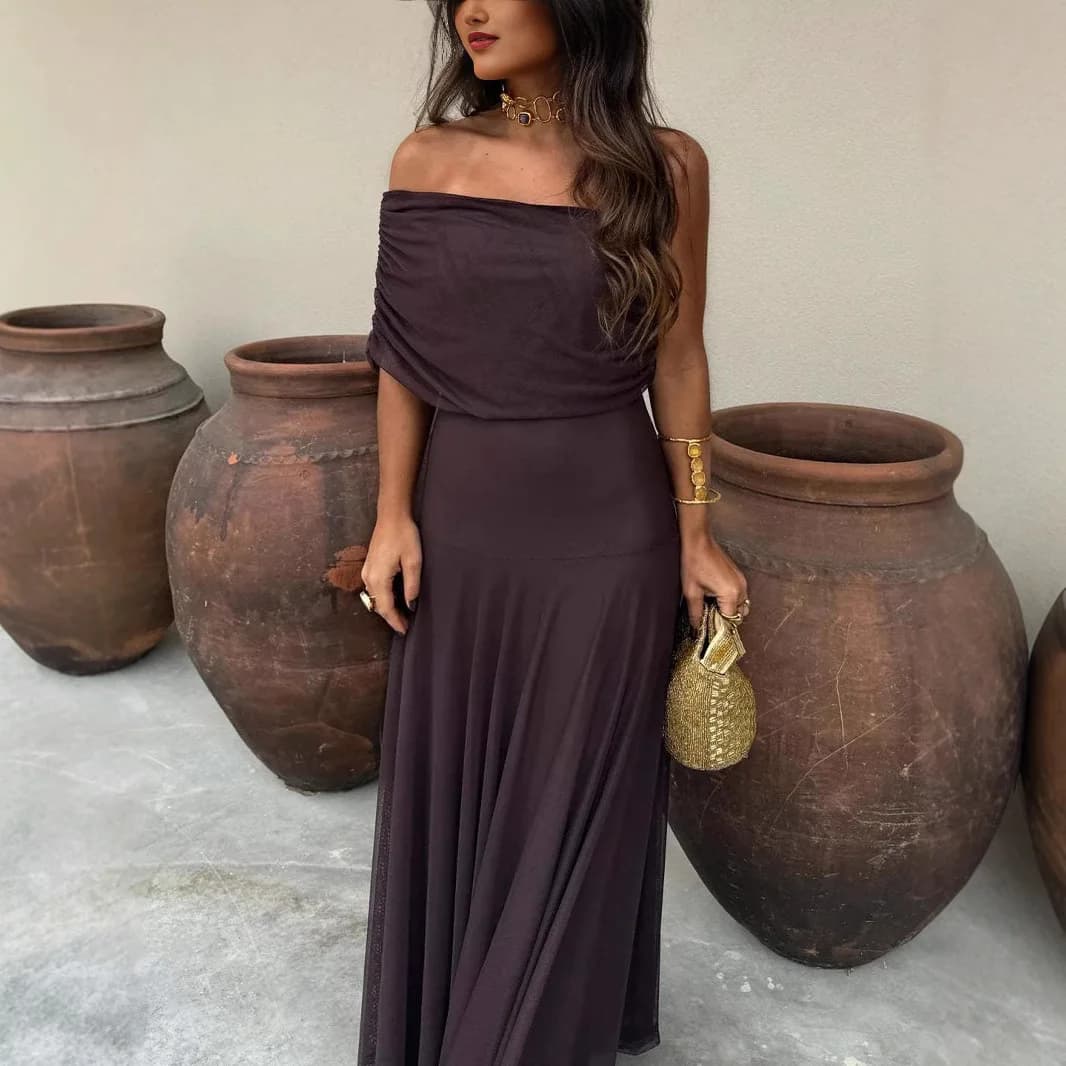Abito Lungo Estivo da Donna Senza Schienale con Patchwork, Maniche Corte, Elegante e Chic, Vestito da Festa alla Moda 2026 con Scollo a Barca per Vacanze