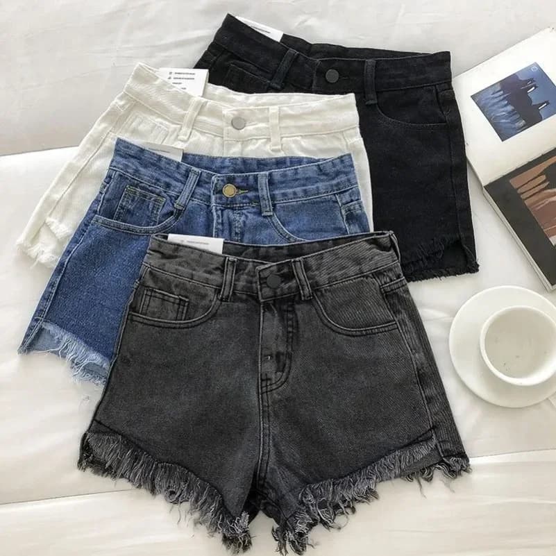 2025 Nuove donne di estate High Wiast Raw Hem Pantaloncini di jeans Soild Bianco Nero Blu Coreano Pantaloni a gamba larga Mon Shorts Jean Shorts
